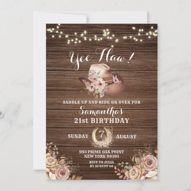 Rustic Country Cowgirl Floral Birthday Invitation (Front)