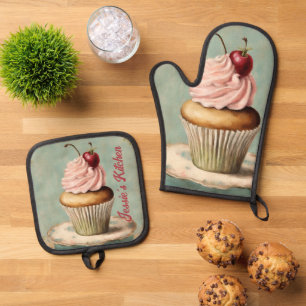 Rustic Country Cupcake Baker Cooking Chef Baking Oven Mitt & Pot Holder Set