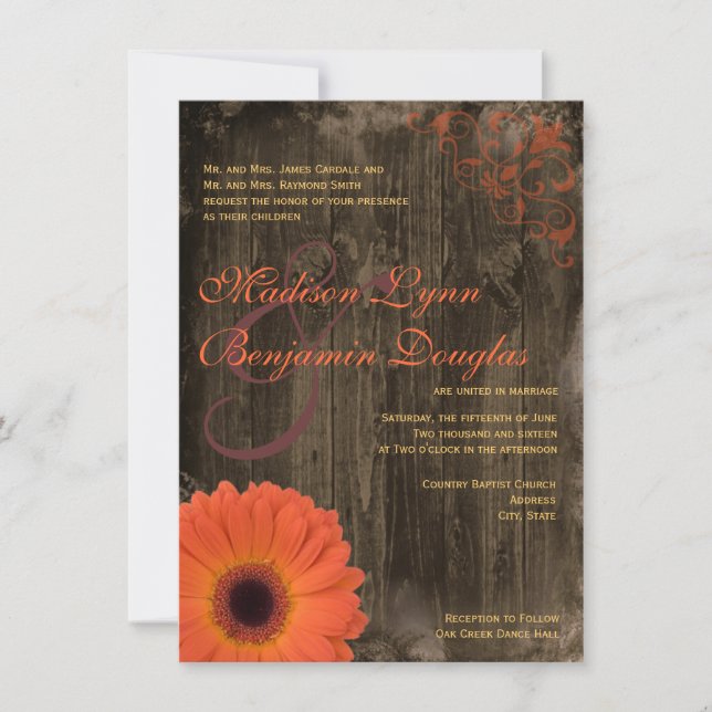Rustic Country Daisy Barn Wood Wedding Invitations (Front)