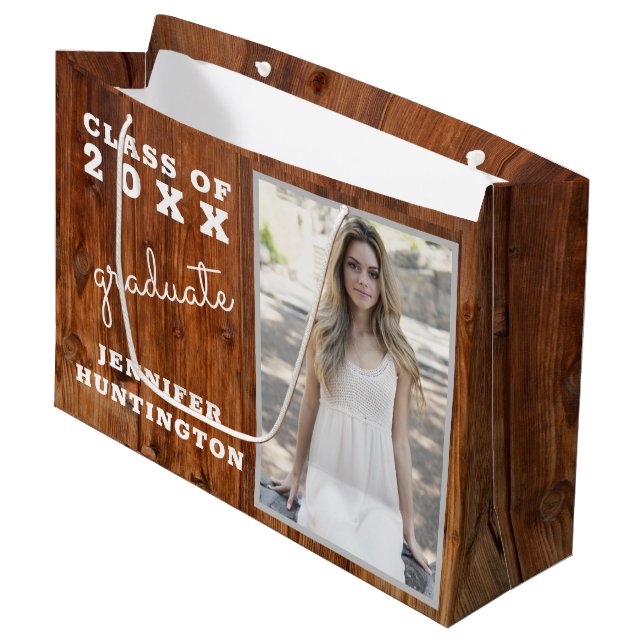 Rustic Country Dark Wood Photo Graduation  Large Gift Bag (Front Angled)