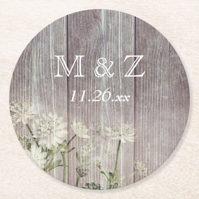 Rustic Country Dark Wood Wedding Round Paper Coaster (Front)