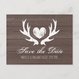 Rustic country deer antler save the date postcards