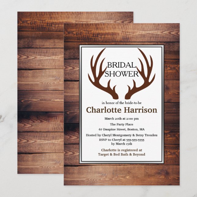 Rustic Country Deer Antlers Bridal Shower Invitation (Front/Back)