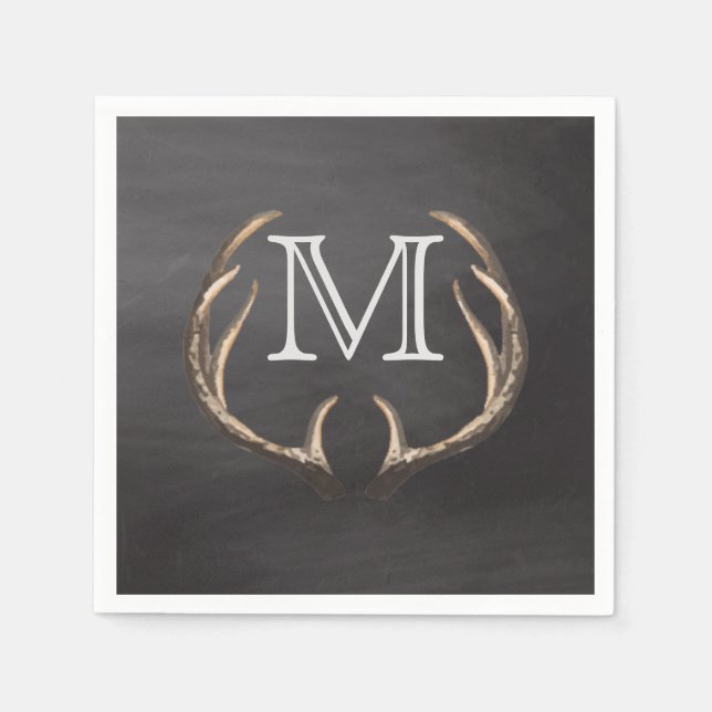 Rustic Country Deer Antlers Chalkboard Monogram Napkin (Front)