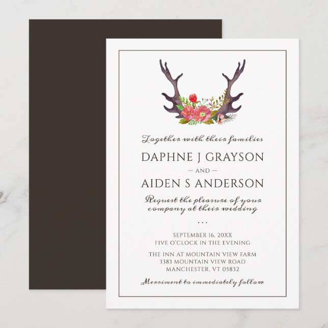 Rustic Country Deer Antlers Floral Wedding Invitation (Front/Back)