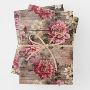 Rustic Country Distressed Wood Pink Florals Wrapping Paper Sheet