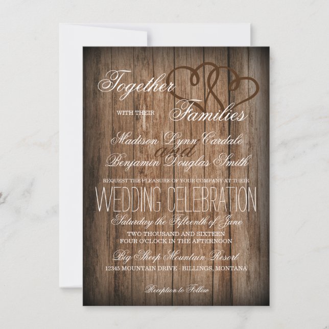 Rustic Country Double Hearts Wood Wedding Invites (Front)