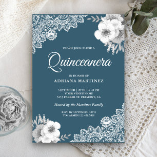 Rustic Country Dusty Blue Floral Lace Quinceanera Invitation