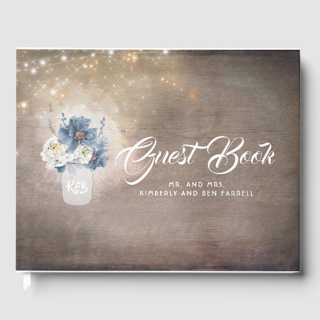 Rustic Country Dusty Blue Floral Mason Jar Wedding Guest Book (Front)