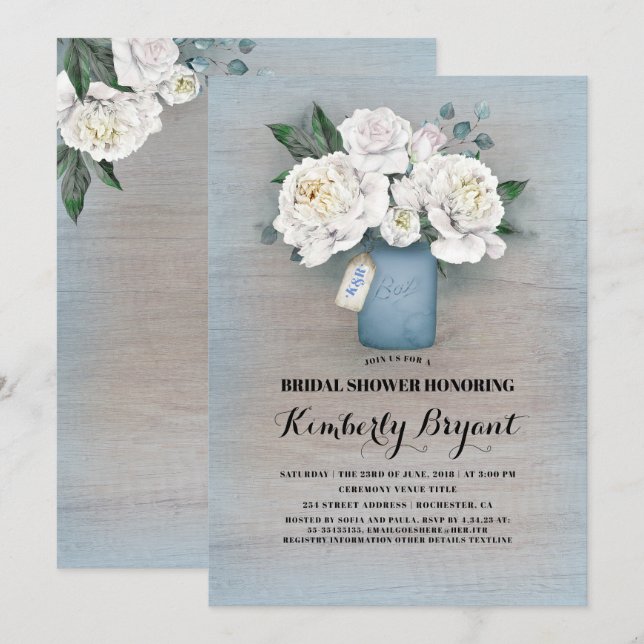 Rustic Country Dusty Blue Mason Jar Bridal Shower Invitation (Front/Back)