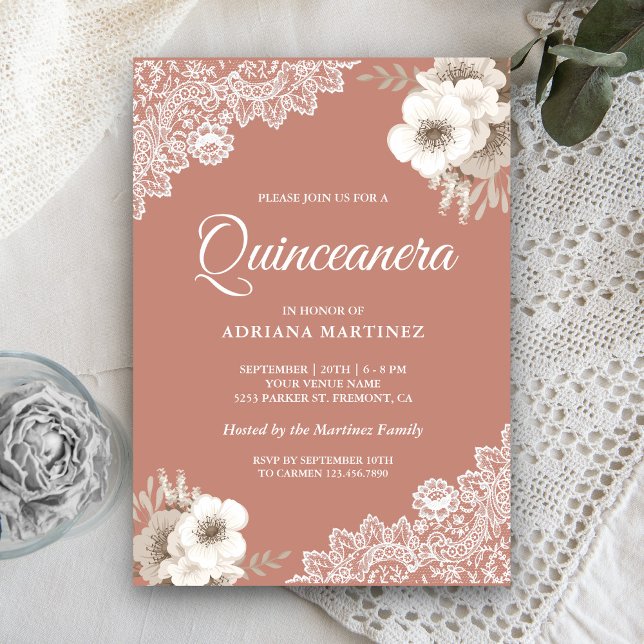 Rustic Country Dusty Peach Floral Lace Quinceanera Invitation (Creator Uploaded)