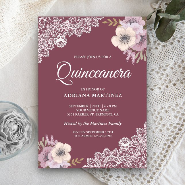 Rustic Country Dusty Pink Floral Lace Quinceanera Invitation (Creator Uploaded)