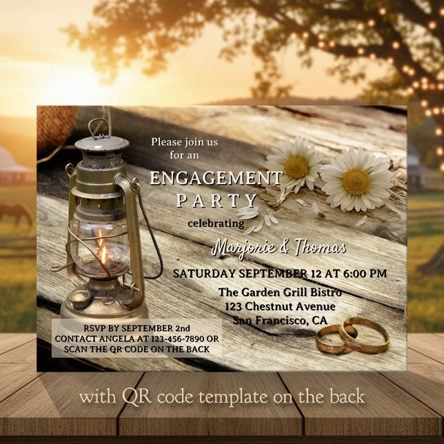 Rustic Country Engagement Party  Invitation (Engagement invitation in a country style with a rustic wood table with lantern, rings and daisies)