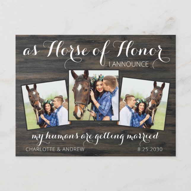 Rustic Country Equestrian Wedding Horse 3 Photo Announcement Postcard (Front)