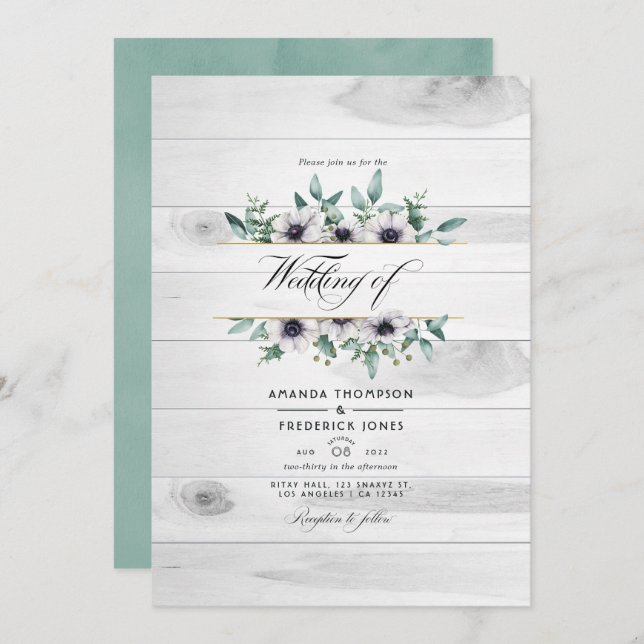 Rustic Country Eucalyptus Anemone QR Code Wedding Invitation (Front/Back)