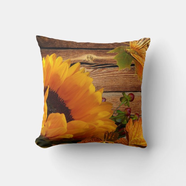 Rustic Country Fall Sunflower Butterfly Foliage Cushion (Front)