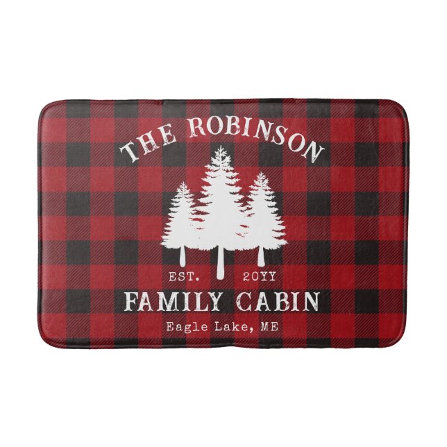 Rustic Country Family Cabin Tree Red Buffalo Plaid Bath Mat (Front)