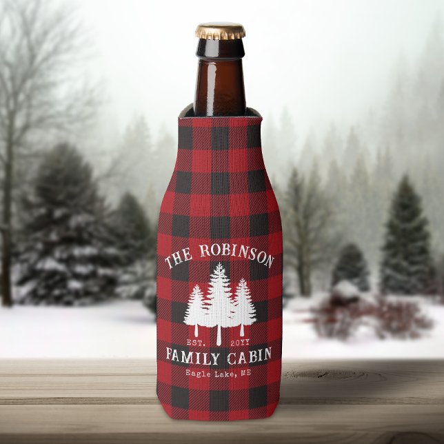 Rustic Country Family Cabin Tree Red Buffalo Plaid Bottle Cooler (Creator Uploaded)