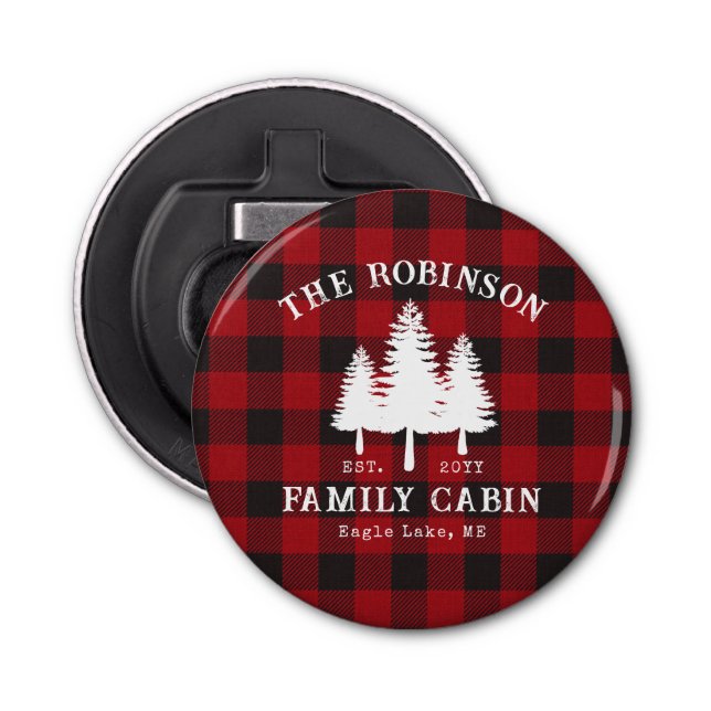 Rustic Country Family Cabin Tree Red Buffalo Plaid Bottle Opener (Front)
