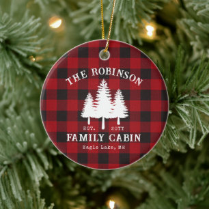 Rustic Country Family Cabin Tree Red Buffalo Plaid Ceramic Tree Decoration