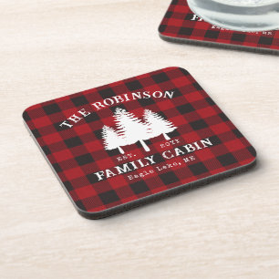 Rustic Country Family Cabin Tree Red Buffalo Plaid Coaster