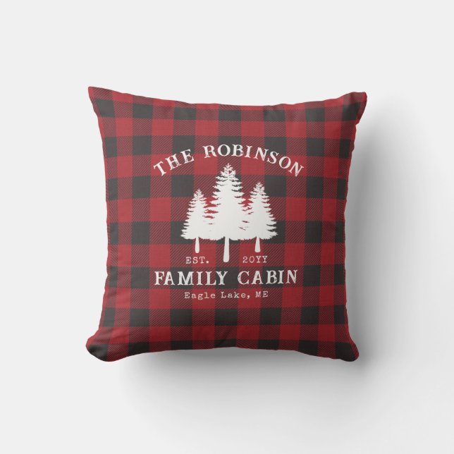 Rustic Country Family Cabin Tree Red Buffalo Plaid Cushion (Front)