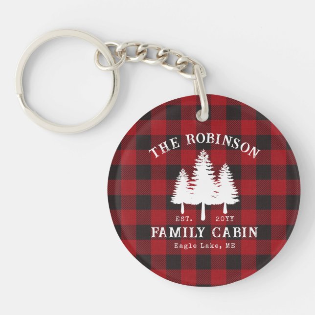 Rustic Country Family Cabin Tree Red Buffalo Plaid Key Ring (Front)