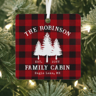 Rustic Country Family Cabin Tree Red Buffalo Plaid Metal Tree Decoration