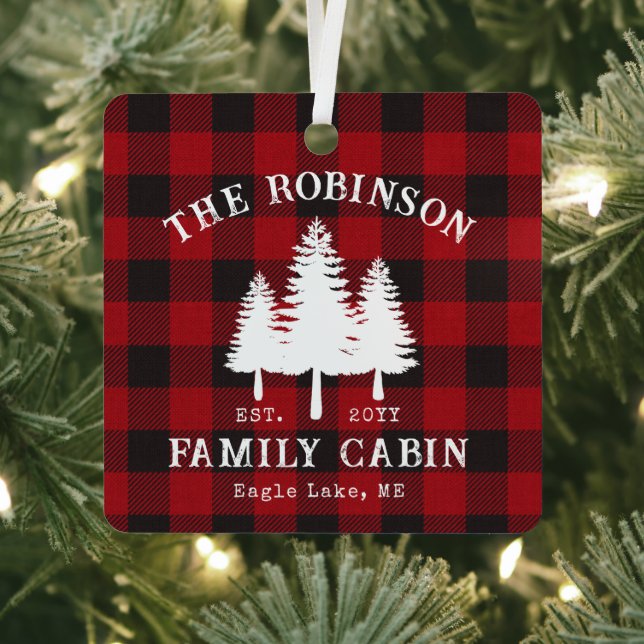 Rustic Country Family Cabin Tree Red Buffalo Plaid Metal Tree Decoration (Insitu)