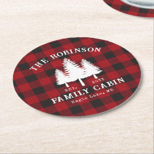 Rustic Country Family Cabin Tree Red Buffalo Plaid Round Paper Coaster