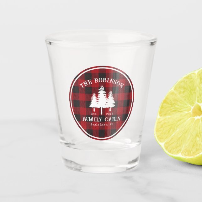 Rustic Country Family Cabin Tree Red Buffalo Plaid Shot Glass (Front)