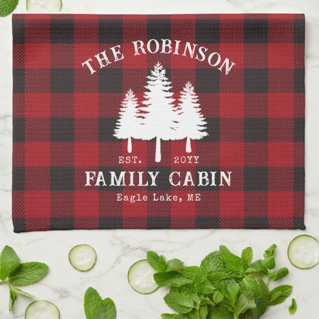 Rustic Country Family Cabin Tree Red Buffalo Plaid Tea Towel (Folded)