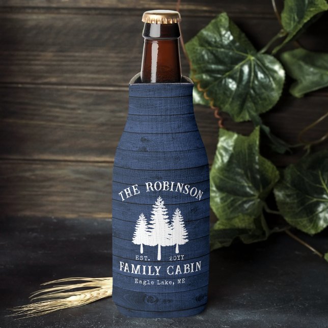 Rustic Country Family Cabin Trees Blue Wood Print Bottle Cooler (Creator Uploaded)