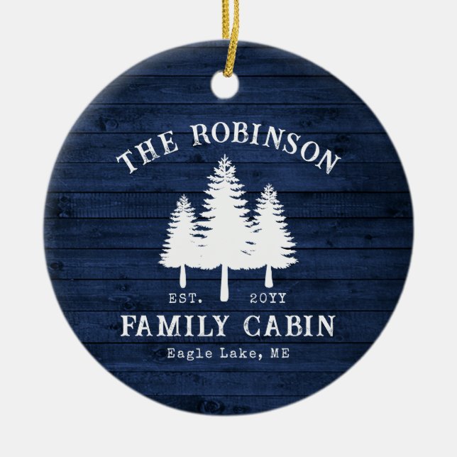 Rustic Country Family Cabin Trees Blue Wood Print Ceramic Tree Decoration (Front)