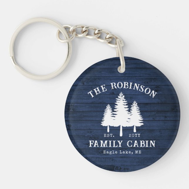 Rustic Country Family Cabin Trees Blue Wood Print Key Ring (Front)