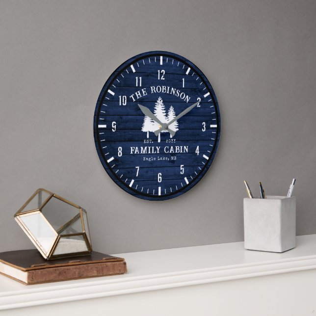 Rustic Country Family Cabin Trees Blue Wood Print Large Clock (Office)