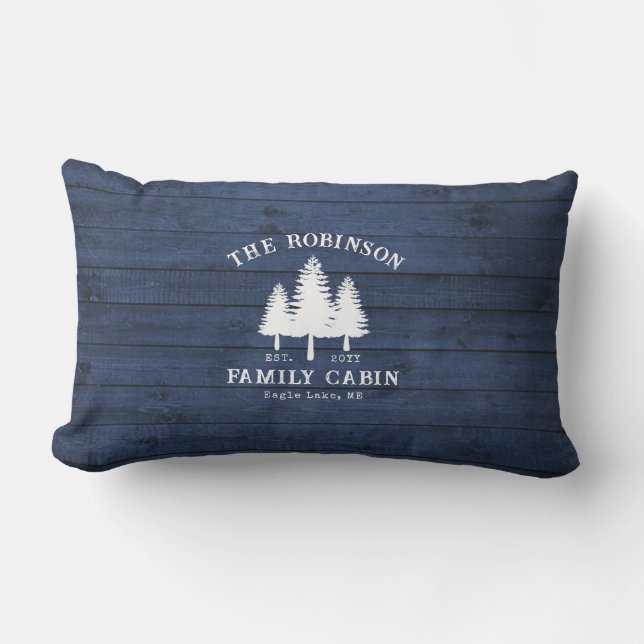 Rustic Country Family Cabin Trees Blue Wood Print Lumbar Cushion (Front)