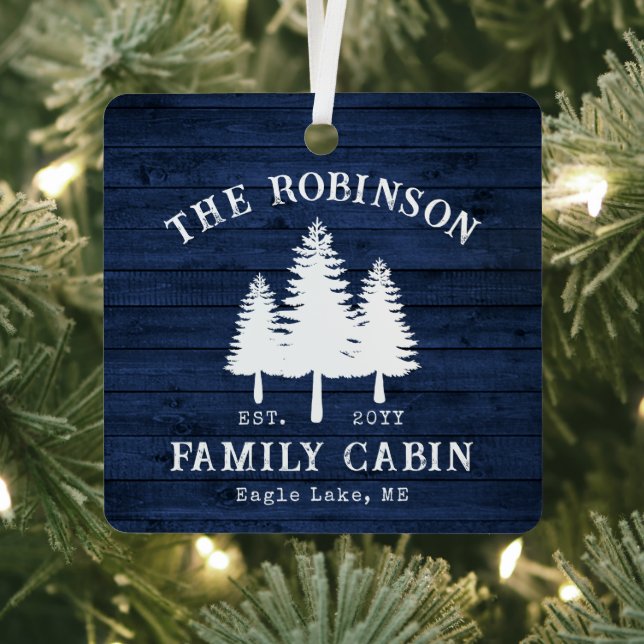 Rustic Country Family Cabin Trees Blue Wood Print Metal Tree Decoration (Insitu)