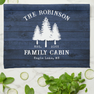 Rustic Country Family Cabin Trees Blue Wood Print Tea Towel