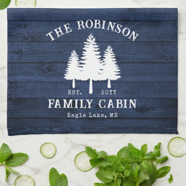 Rustic Country Family Cabin Trees Blue Wood Print Tea Towel (Folded)
