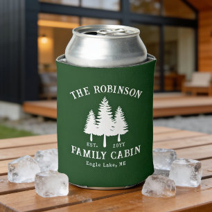 Rustic Country Family Cabin Trees Forest Green Can Cooler