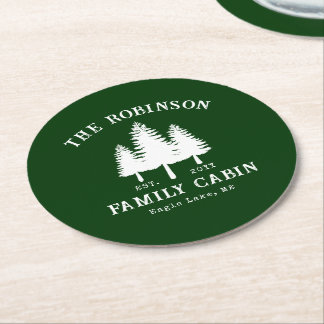 Rustic Country Family Cabin Trees Forest Green Round Paper Coaster