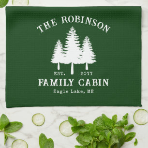 Rustic Country Family Cabin Trees Forest Green Tea Towel