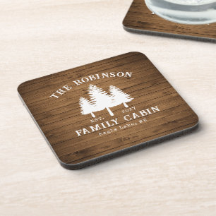 Rustic Country Family Cabin Trees Wood Plank Print Coaster