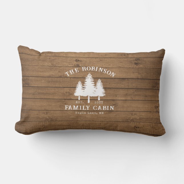 Rustic Country Family Cabin Trees Wood Plank Print Lumbar Cushion (Front)