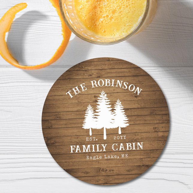 Rustic Country Family Cabin Trees Wood Plank Print Round Paper Coaster (Creator Uploaded)