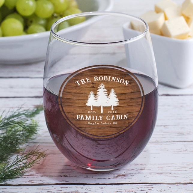 Rustic Country Family Cabin Trees Wood Plank Print Stemless Wine Glass (Creator Uploaded)