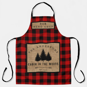 Rustic Country Family Name Cabin in Wood Head Chef Apron