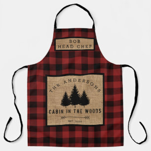 Rustic Country Family Name Cabin in Wood Head Chef Apron