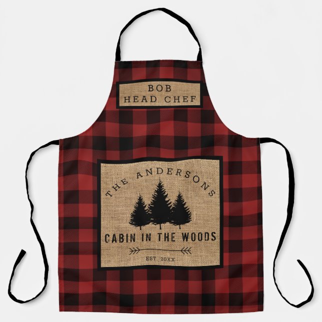 Rustic Country Family Name Cabin in Wood Head Chef Apron (Front)